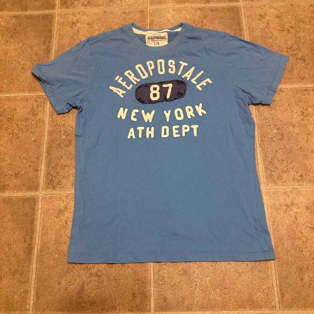 Aeropostale Graphic Tee Mens Large Blue Good Short Sleeve NY Ath Dept 87 Shirt